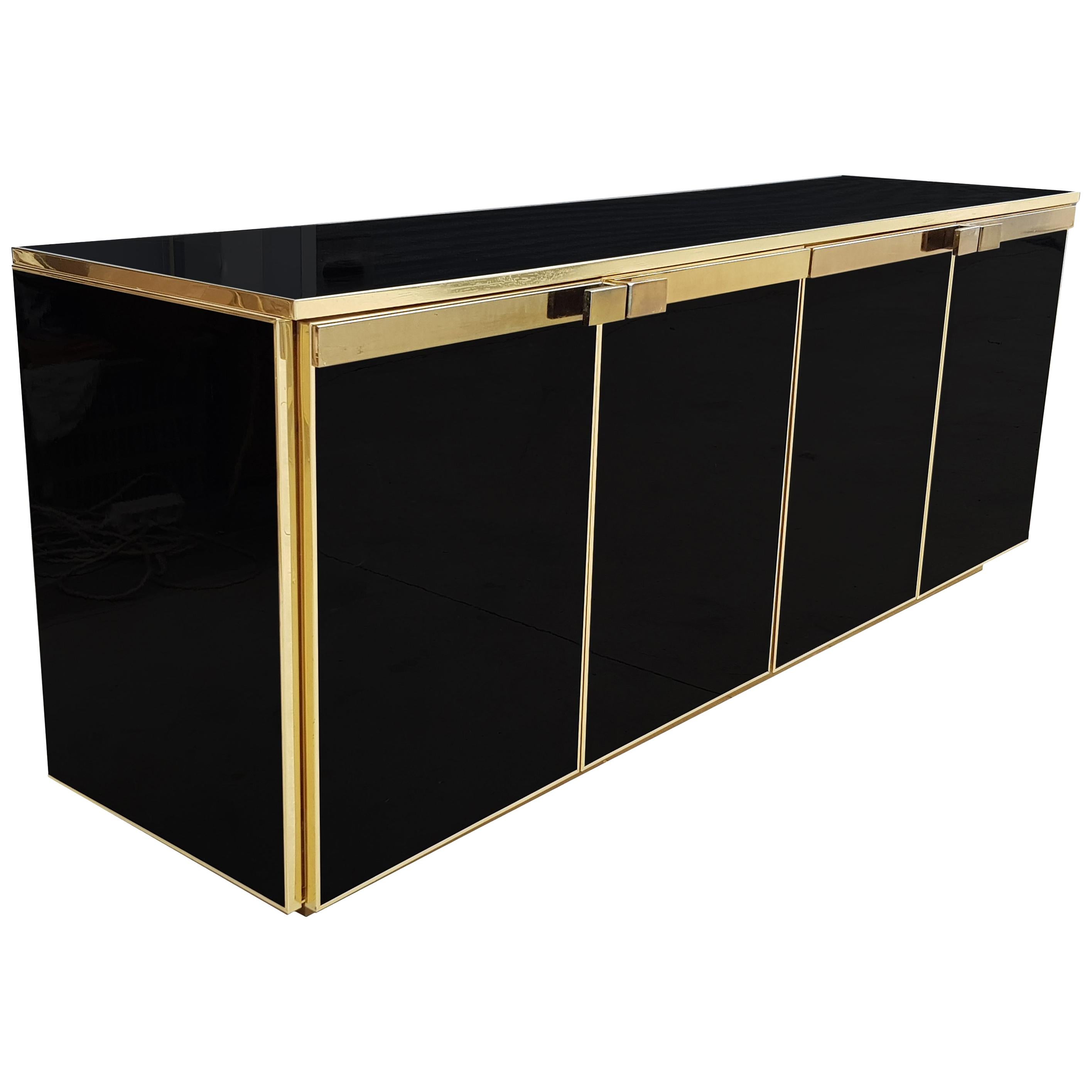 Black Glass, Brass Detailed Credenza For Sale
