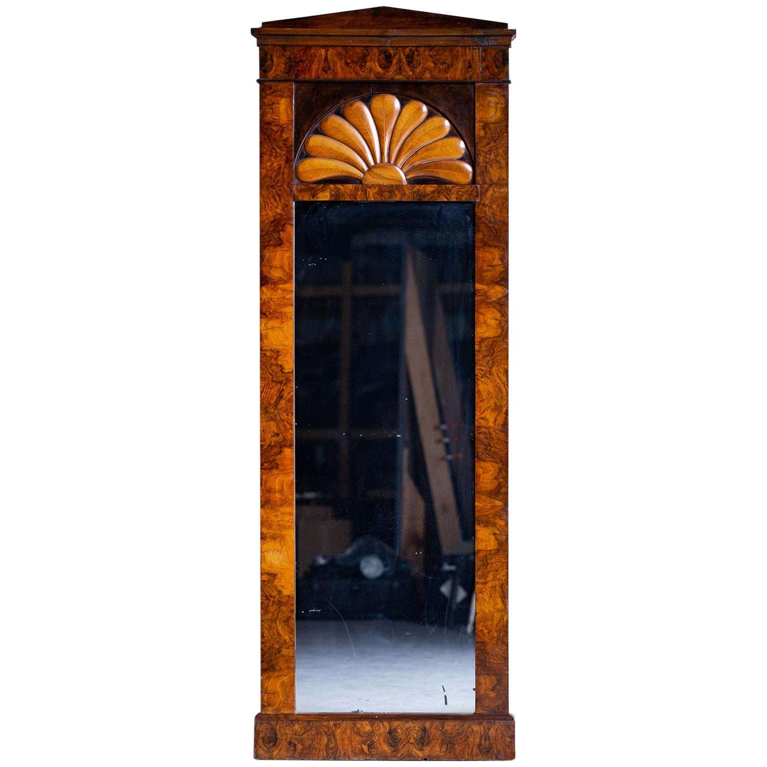 Tall Antique German Biedermeier Walnut Mirror circa 1830