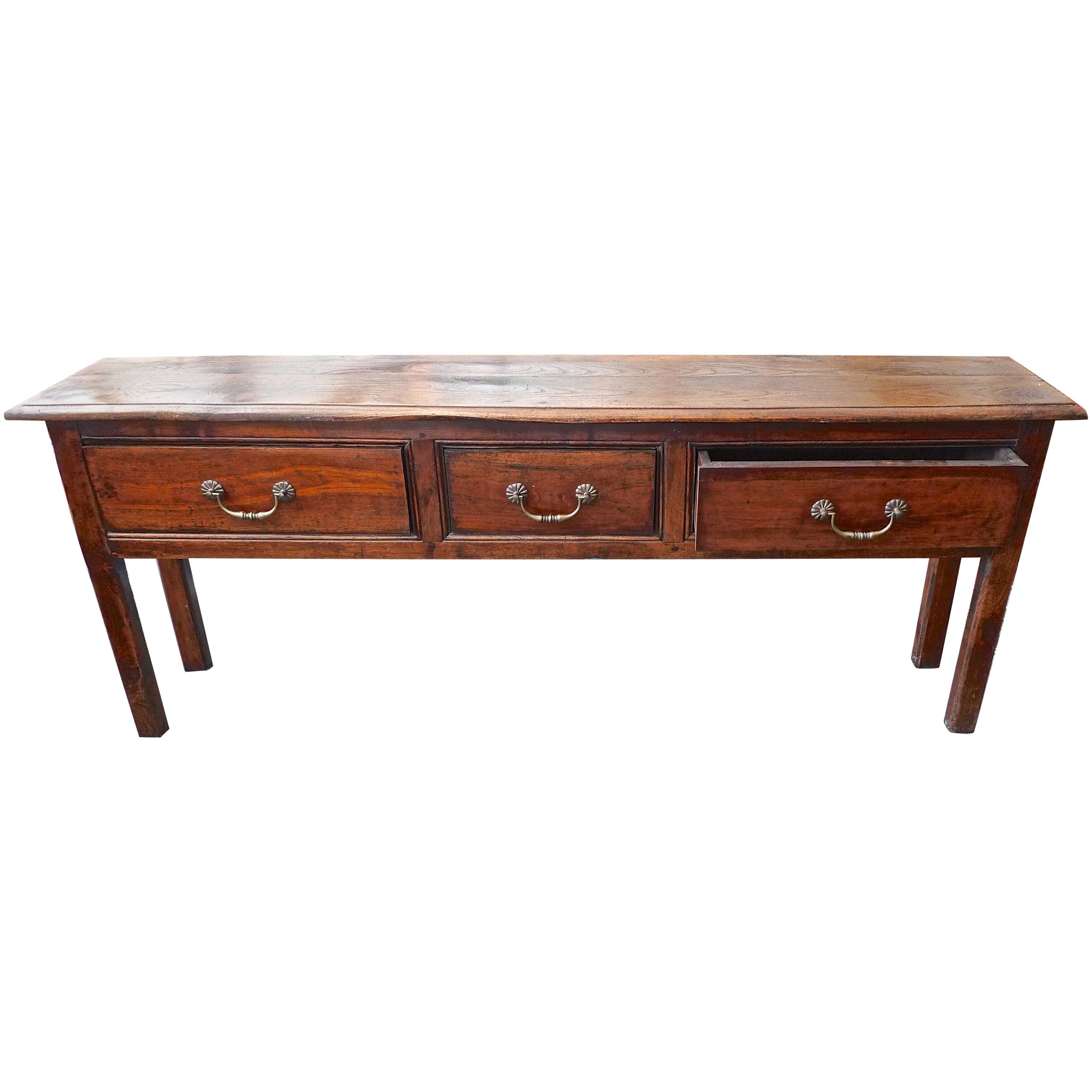 French XIX Long Walnut Console Table with Three Drawers with Original Hardware