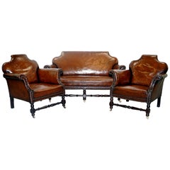 Antique Small Victorian Restored Humpback Brown Leather Club Suite Sofa and Armchairs