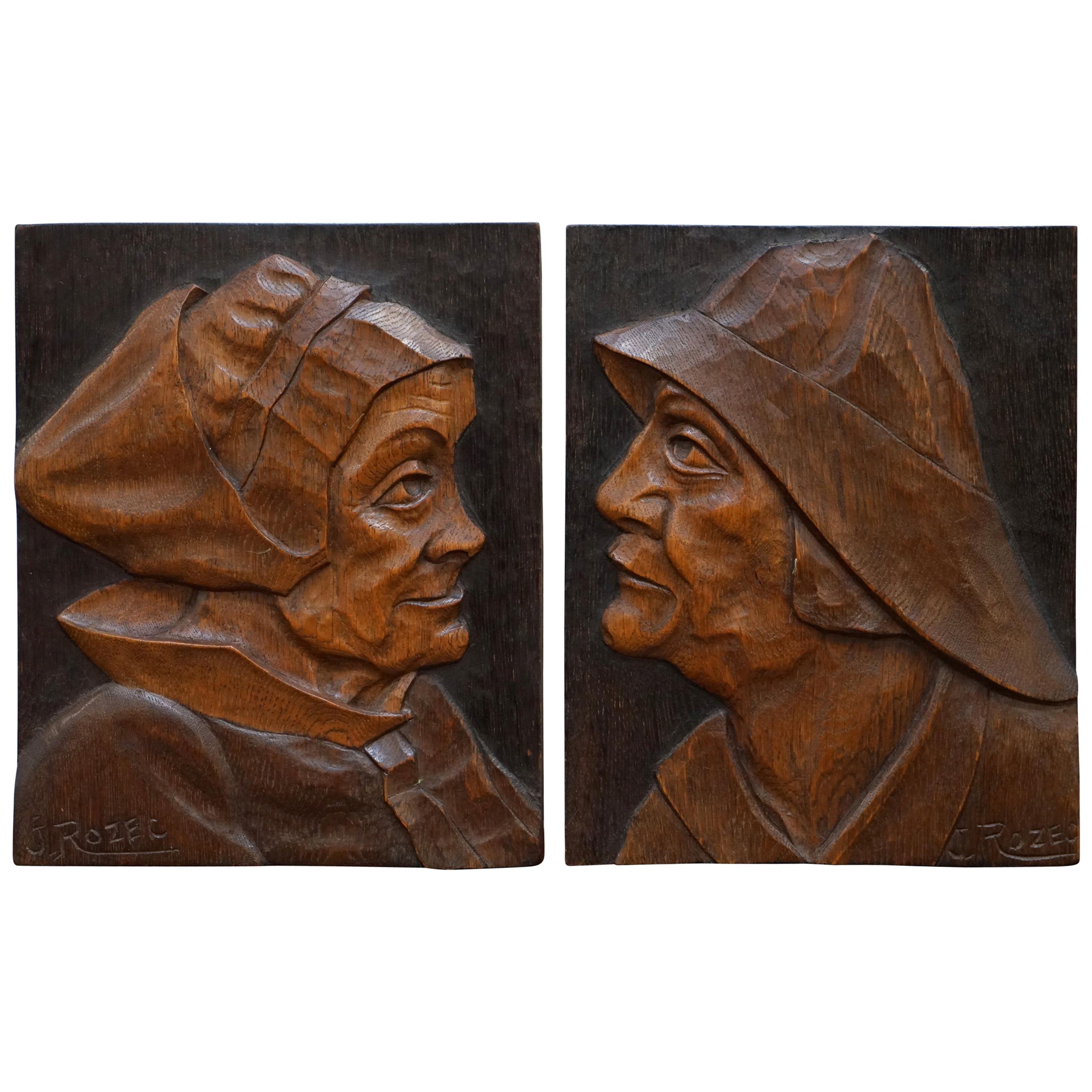Pair of Rare Hand Wood Carved Walnut J Rozec Signed Portraits Fisherman & Wife For Sale