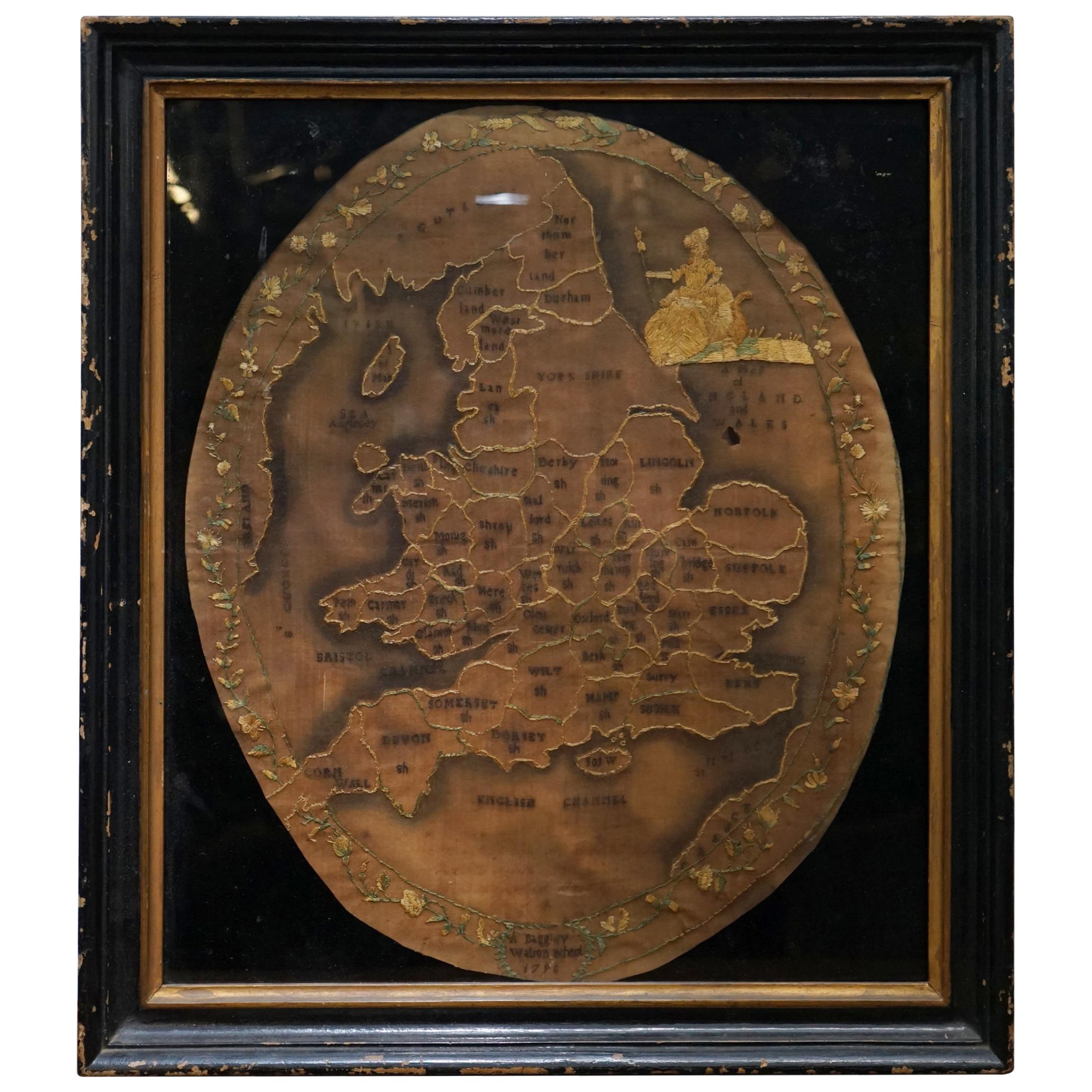 Dated 1798 George III Rare Hand-Sewn on Silk Tapestry Map of England 