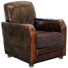 Aged Brown Leather Coil Sprung Base Armchair with Velvet Feather Filled Cushion