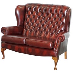 Vintage Chesterfield Oxblood Leather Two-Seat Wingback Leather Sofa Seat Settee