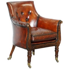 Antique Rare Attributed to Gillows Regency Armchair Hand Dyed Brown Leather Hand-Painted