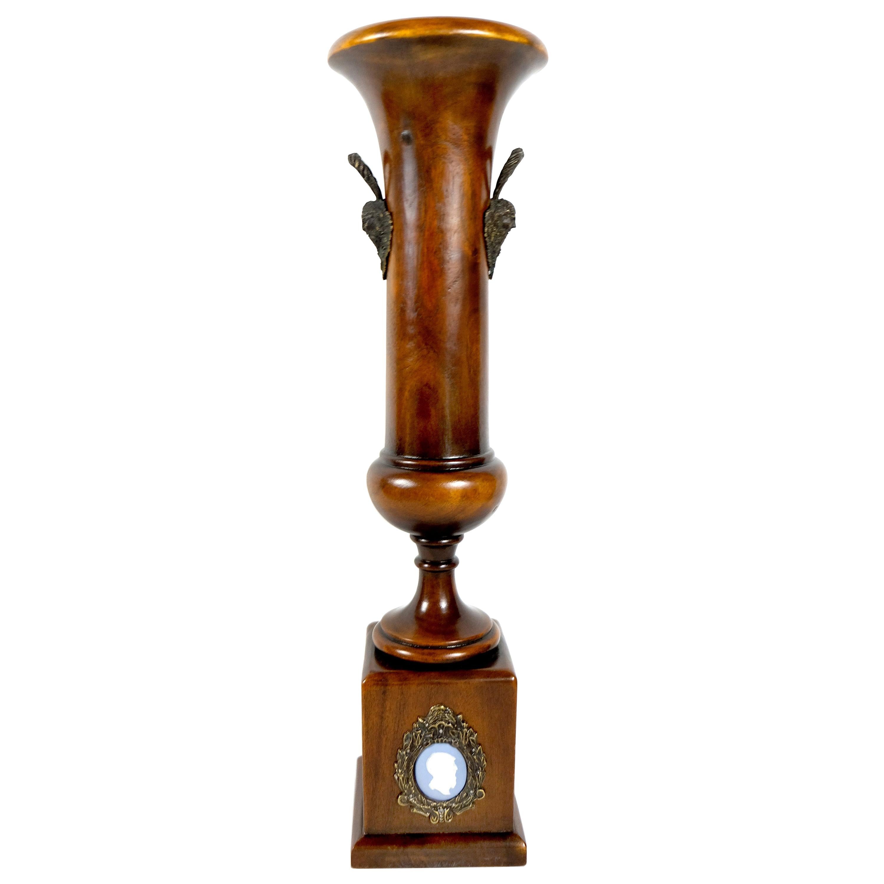 Wooden Pedestal Urn Vase by Theodore Alexander with Bronze and Cameo Details