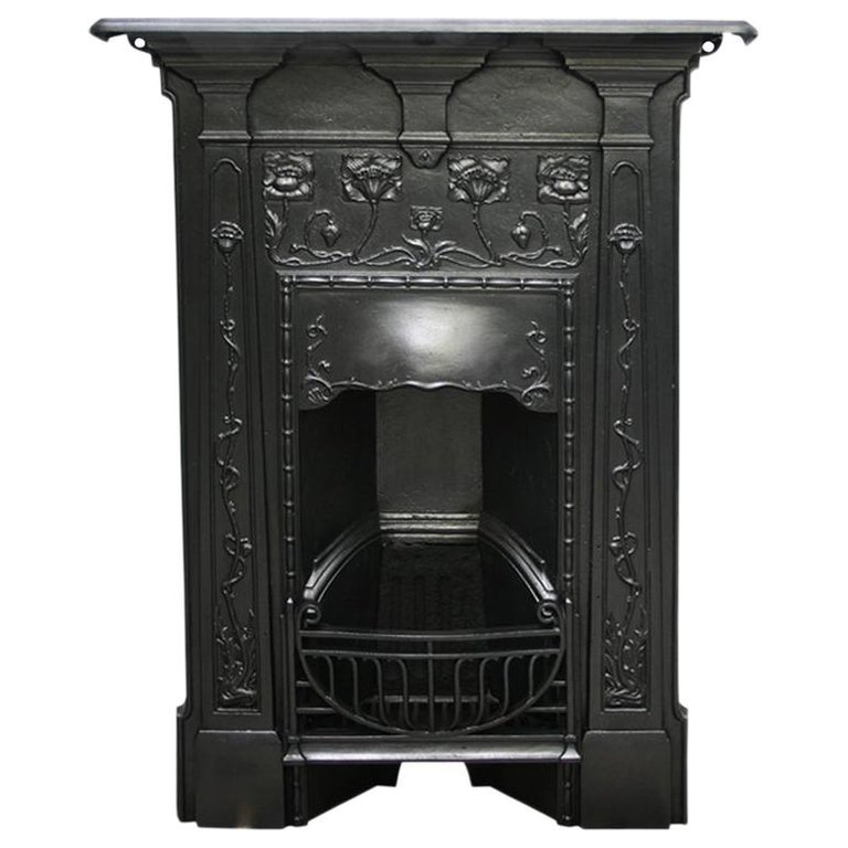 Reclaimed Edwardian Art Nouveau Cast Iron Bedroom Fireplace For Sale at