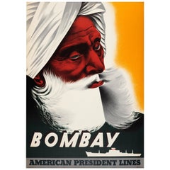 Original Vintage-Reiseplakat, Kreuzfahrtschiff, Bombay, Indien, amerikanische Präsidentenlinien, Original