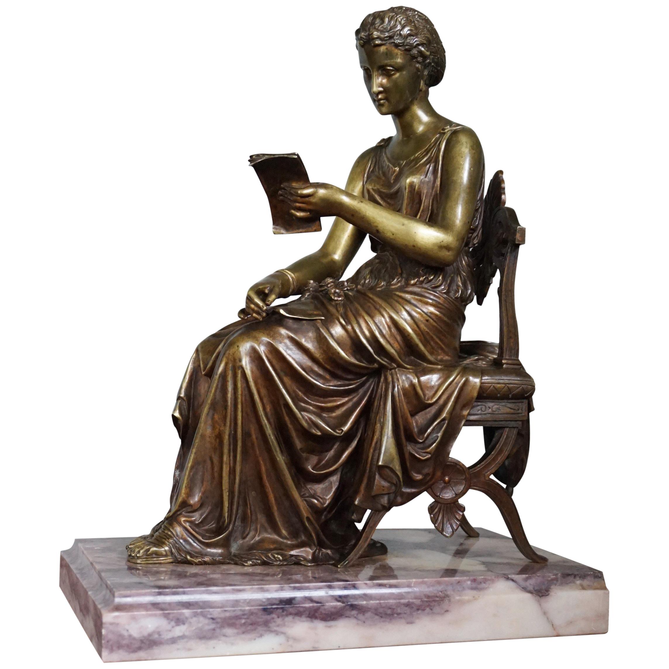 Antique Bronze Sculpture of Letter Reading Lady in Klismos Chair on Marble Base