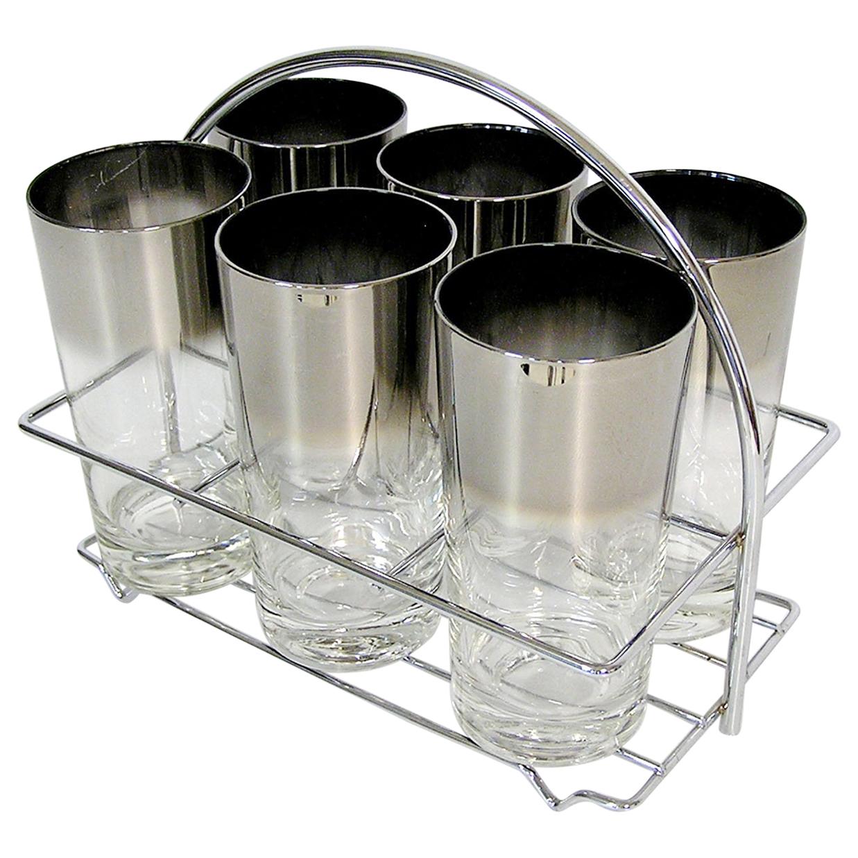 1960s Dorothy Thorpe Silver Fade Highball Glasses with Carrier, Set of Six For Sale