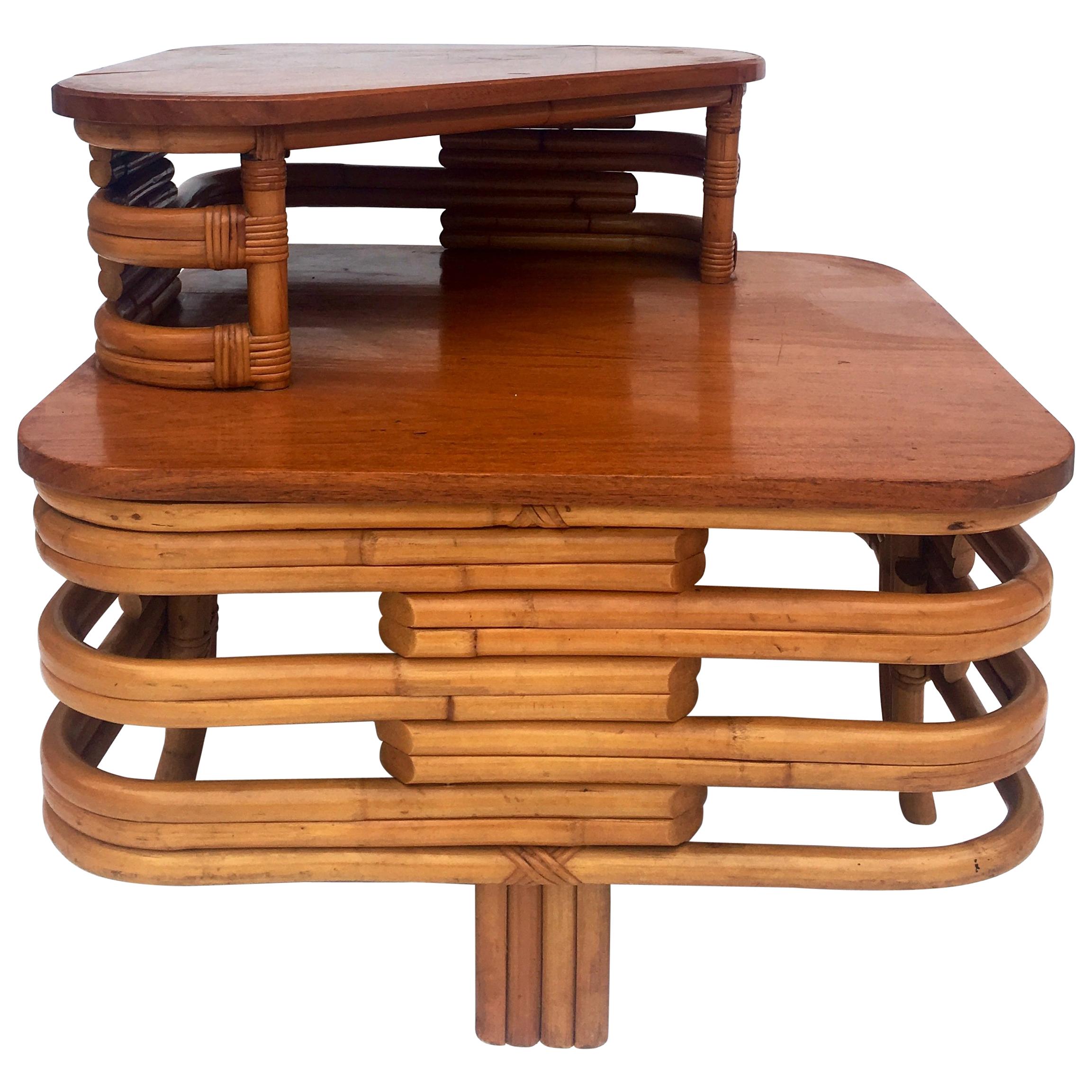 1930'S Art Deco Two-Tier Bent Rattan & Mahogany Top Table By Paul Frankl