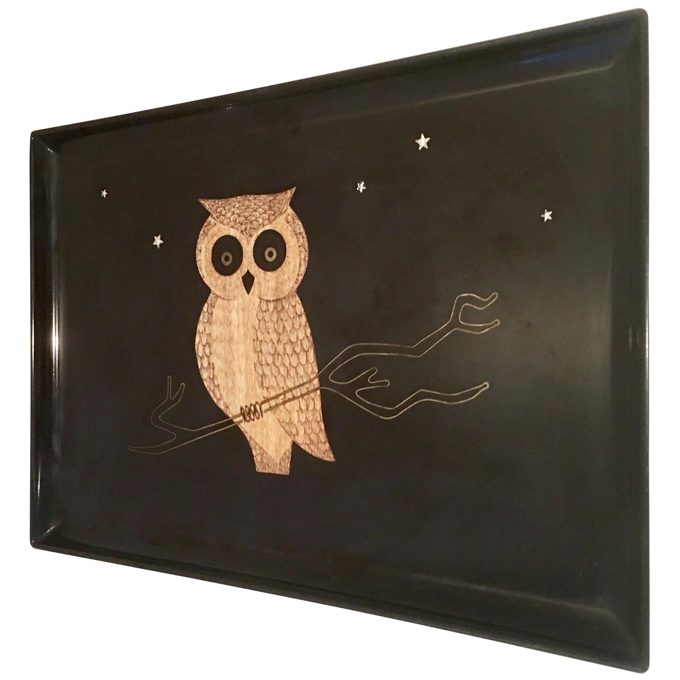 20th Century Lacquer and Inlay "Owl" Tray by Couroc