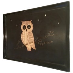 Vintage 20th Century Lacquer and Inlay "Owl" Tray by Couroc