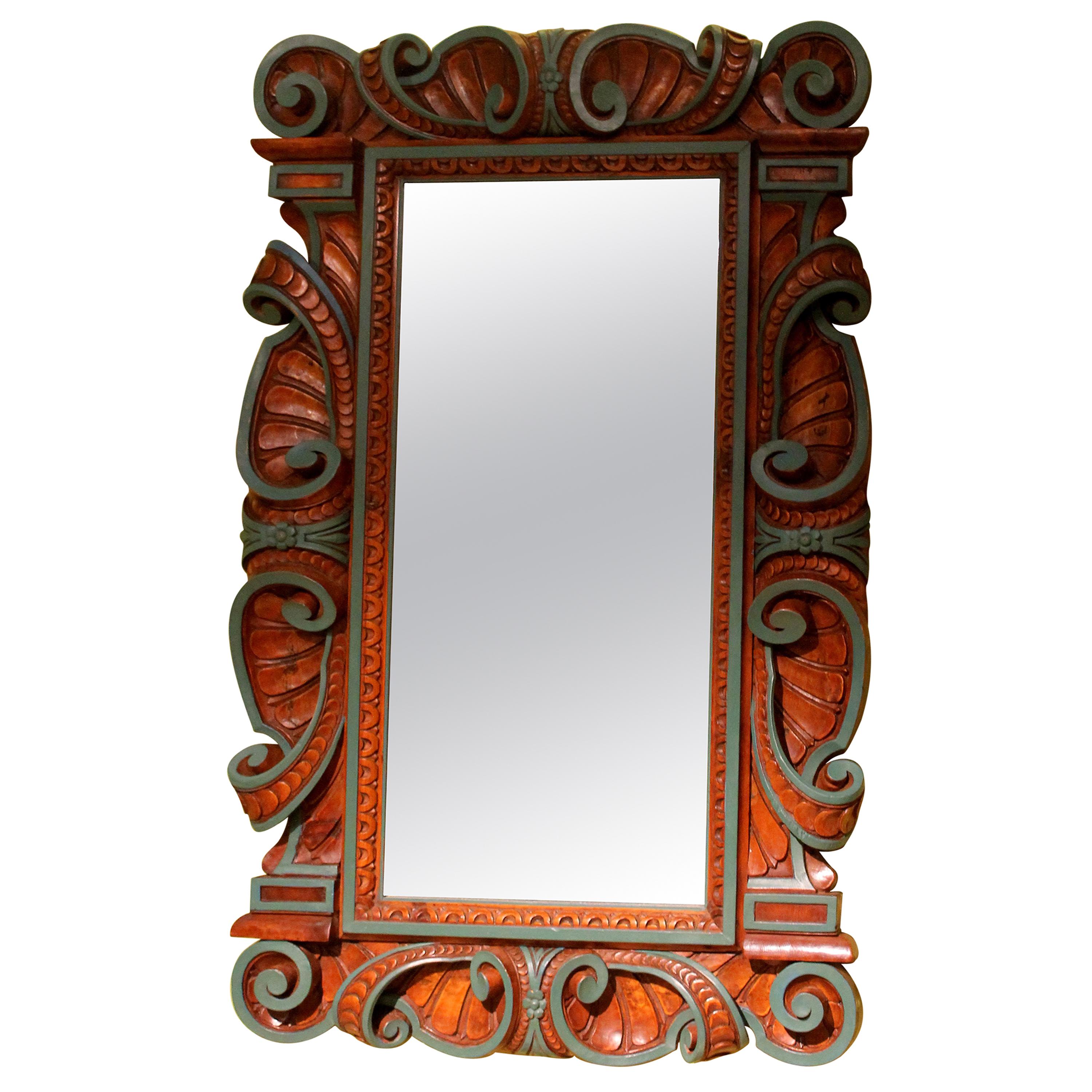 19th Century Renaissance Rectangular Mirror in Hand-Carved Walnutwood Frame