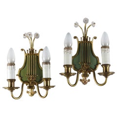 Pair of Vintage Brass Lyre Form Two-Candle Electrified Wall Sconces 20th Century