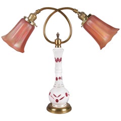 Antique Bohemian Cased Cut to Cranberry Glass Table Lamp, Carnival Shades