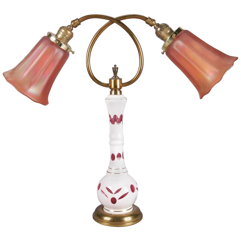 Antique Bohemian Cased Cut To Cranberry, Carnival Glass Lamp Shades