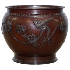 Antique Very Large Solid Bronze Pot Depicting Birds and Flowers