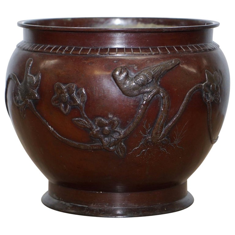 Very Large Solid Bronze Pot Depicting Birds and Flowers at 1stDibs
