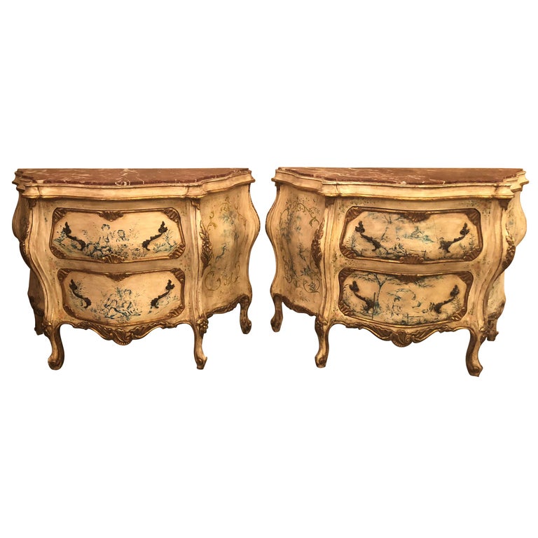Pair of Venetian Italian Painted Marble Top Antique Bombe Commodes or Nightstand For Sale at 1stdibs