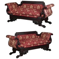 Antique Pair First Period American Empire Carved Flame Mahogany Sofas, NY