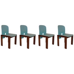 Tobia Scarpa for Cassina Light Blue Fabric and Walnut "121" Chairs, Set of Four