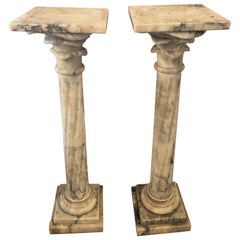 Pair Neoclassical Alabaster Pedestals Grey/White/Black Vein Flevr Dis Lis Tops