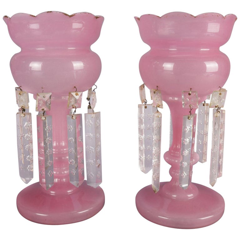 Antique Victorian Pair of Gilt Bristol Glass and Cut Crystal Mantel