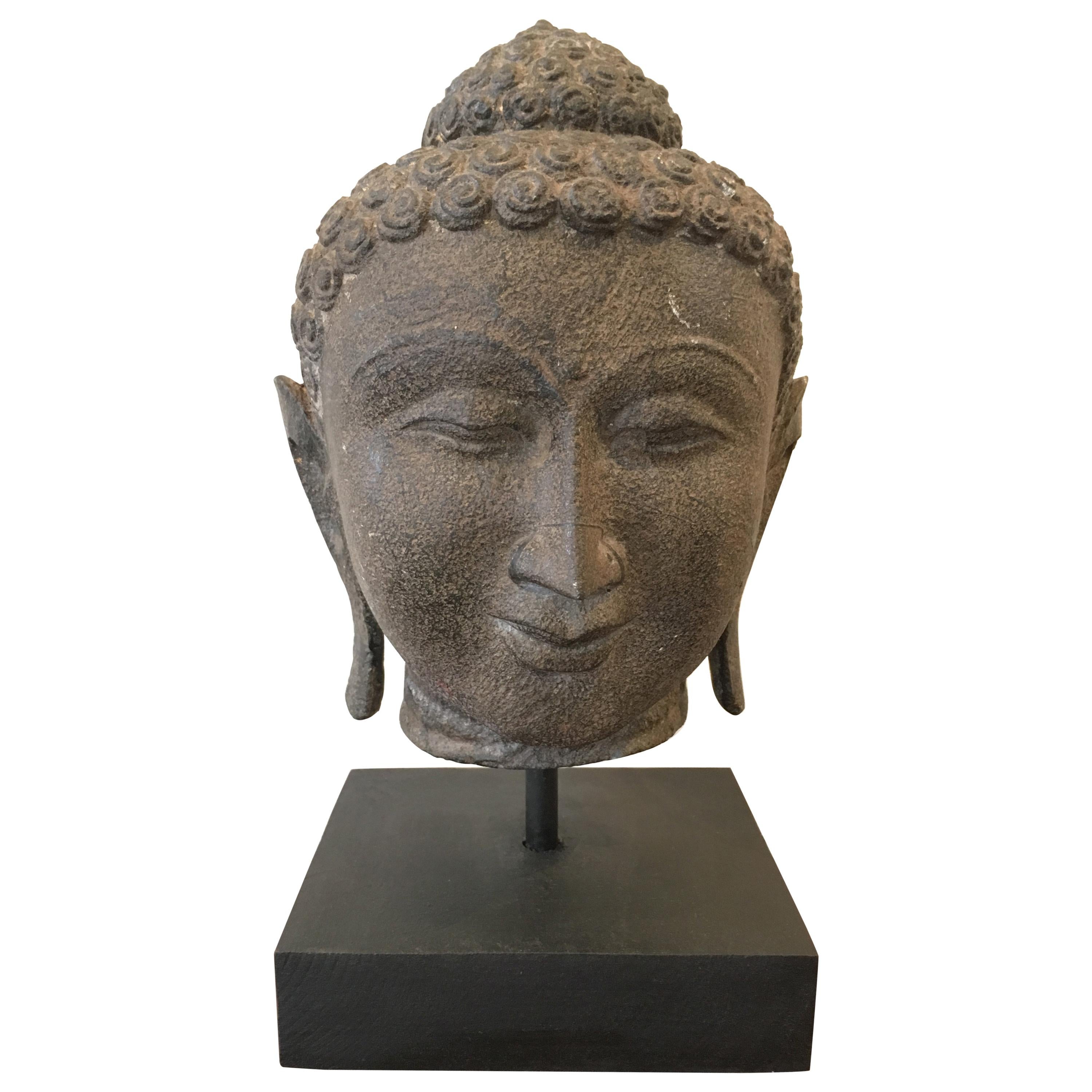 Late 19th Century Granite Buddha Head, Southeast Asia
