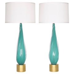Seguso for Marbro Lamp Co. Hollywood Regency Murano Glass Lamps in Mint Green