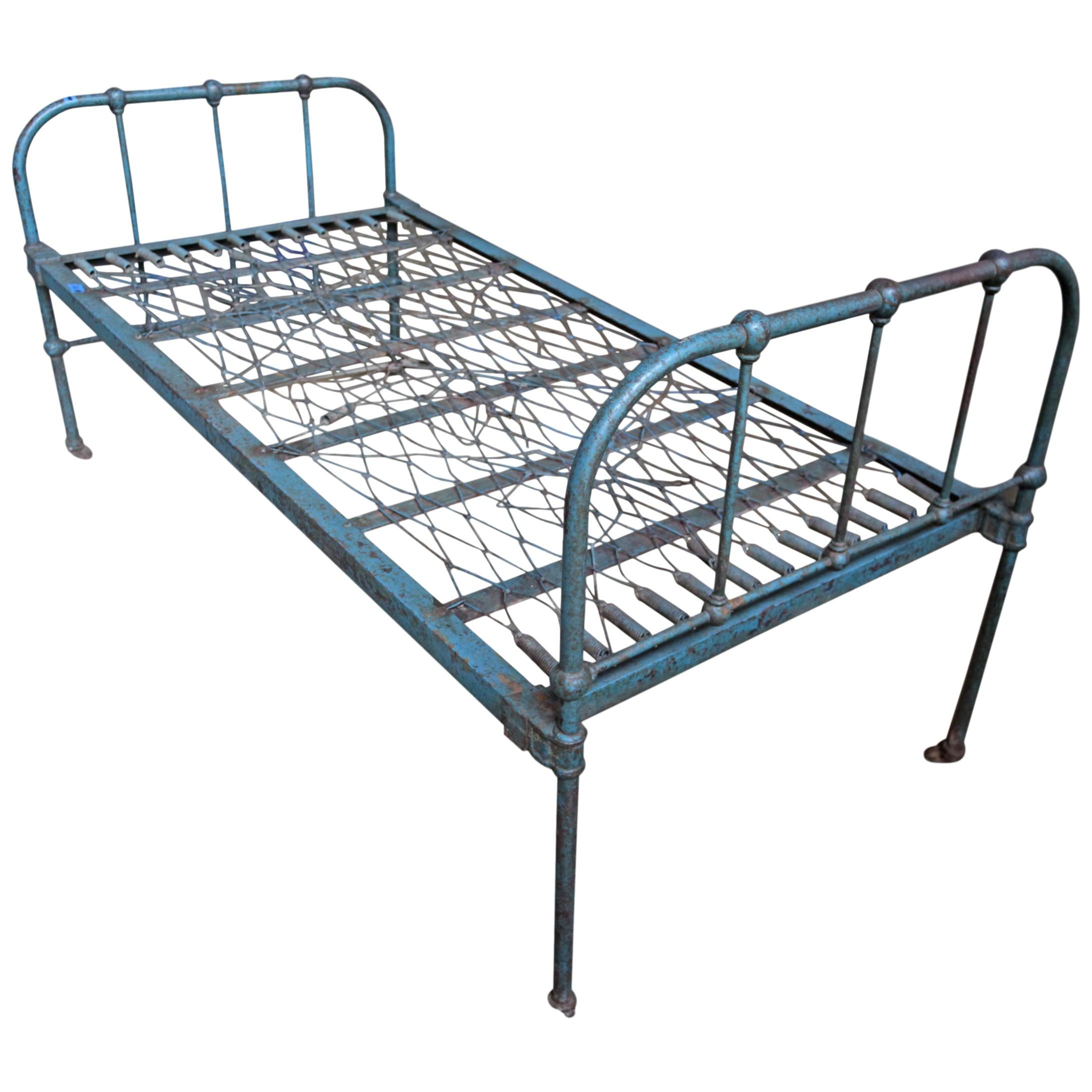 Iron Twin Bed with Original Blue Paint, 1930s
