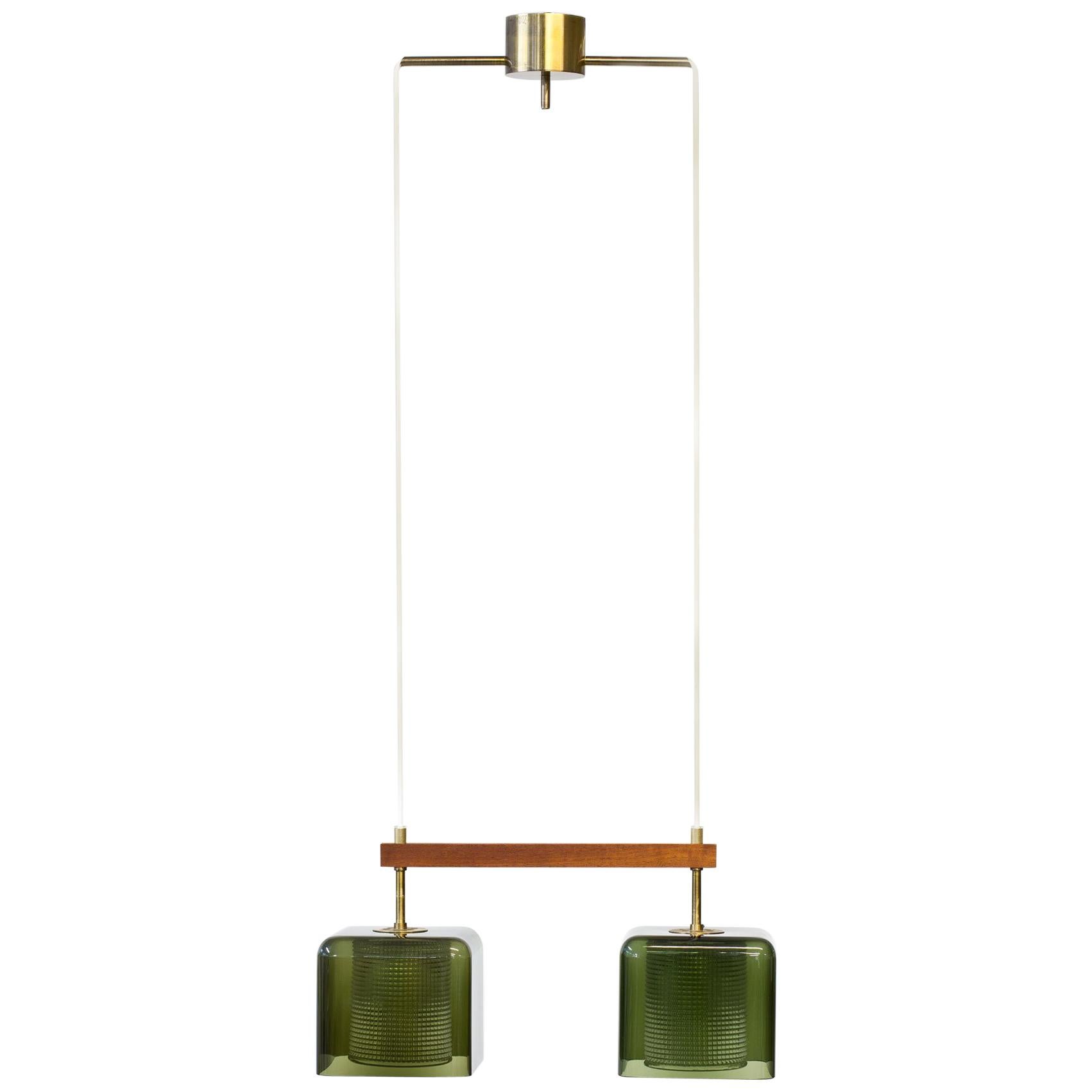 Teak, Glass and Brass Hanging Lamp by Carl Fagerlund for Orrefors, Sweden, 1960s