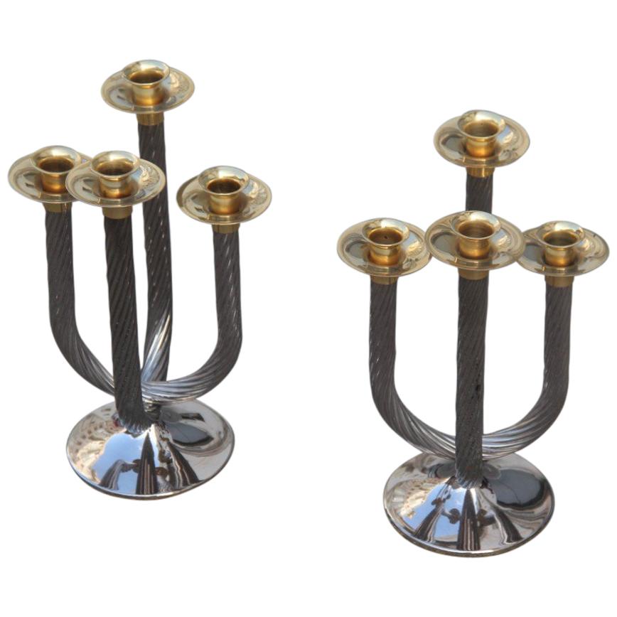 Pair of 1970 Candelabra in Silver and Gold Spiral Metal Italian Design