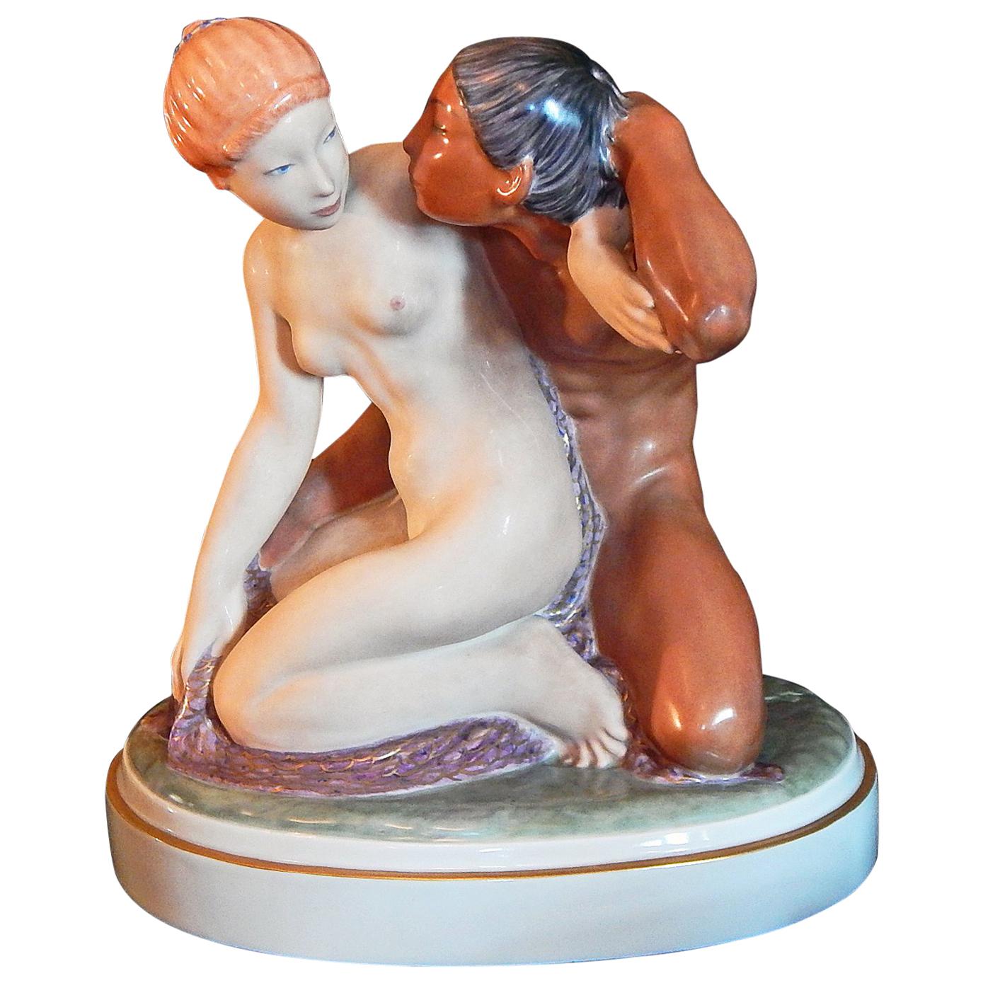 "Cupid and Psyche, " Rare Art Deco Sculpture with Exotic Theme by Henning
