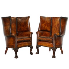 Pair of Huge Claw & Ball Barrel Back Porters Wingback Armchairs Brown Leather