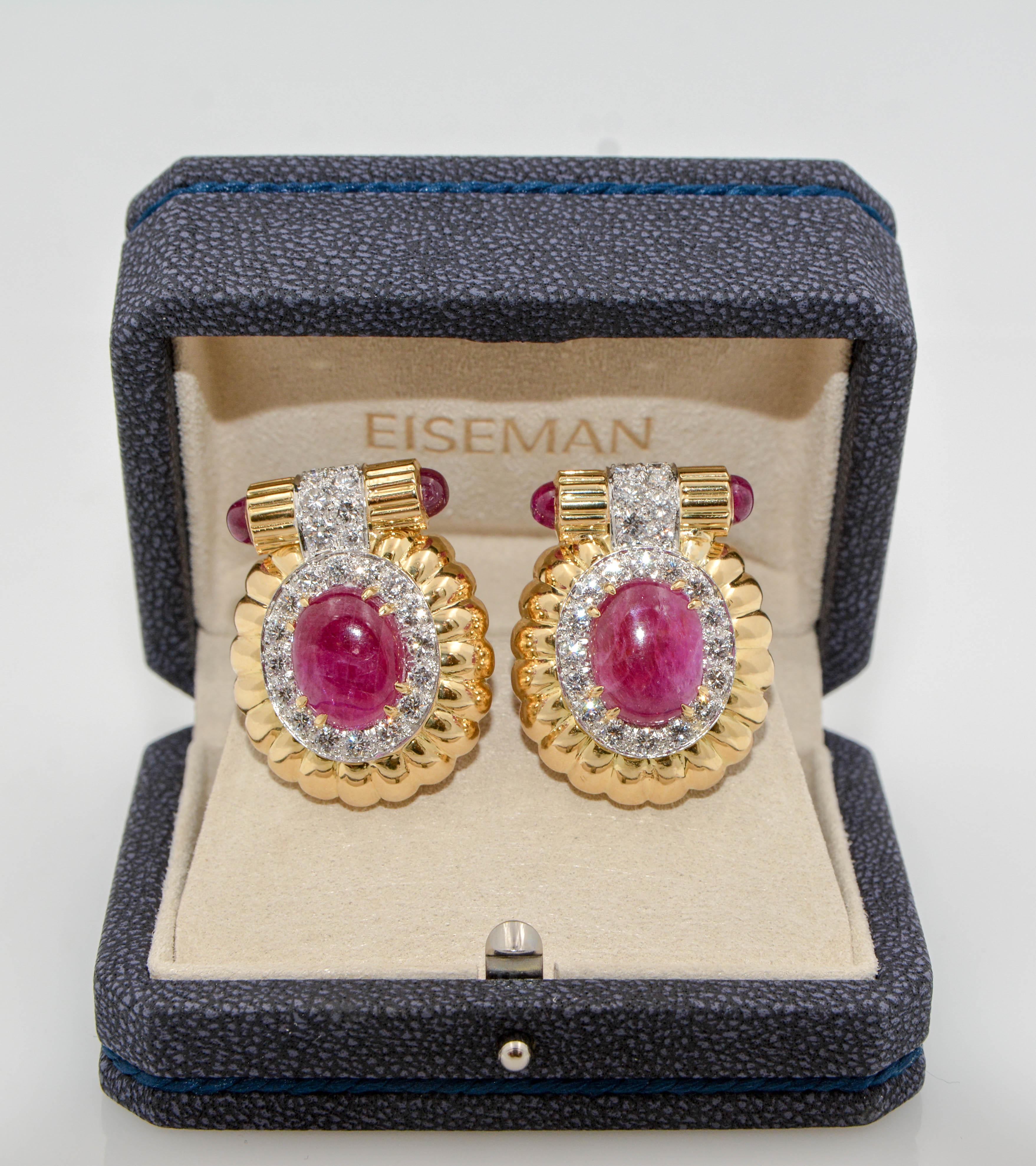 Oval Cut David Webb Ruby Diamond 18 Karat Yellow Gold Platinum Earrings