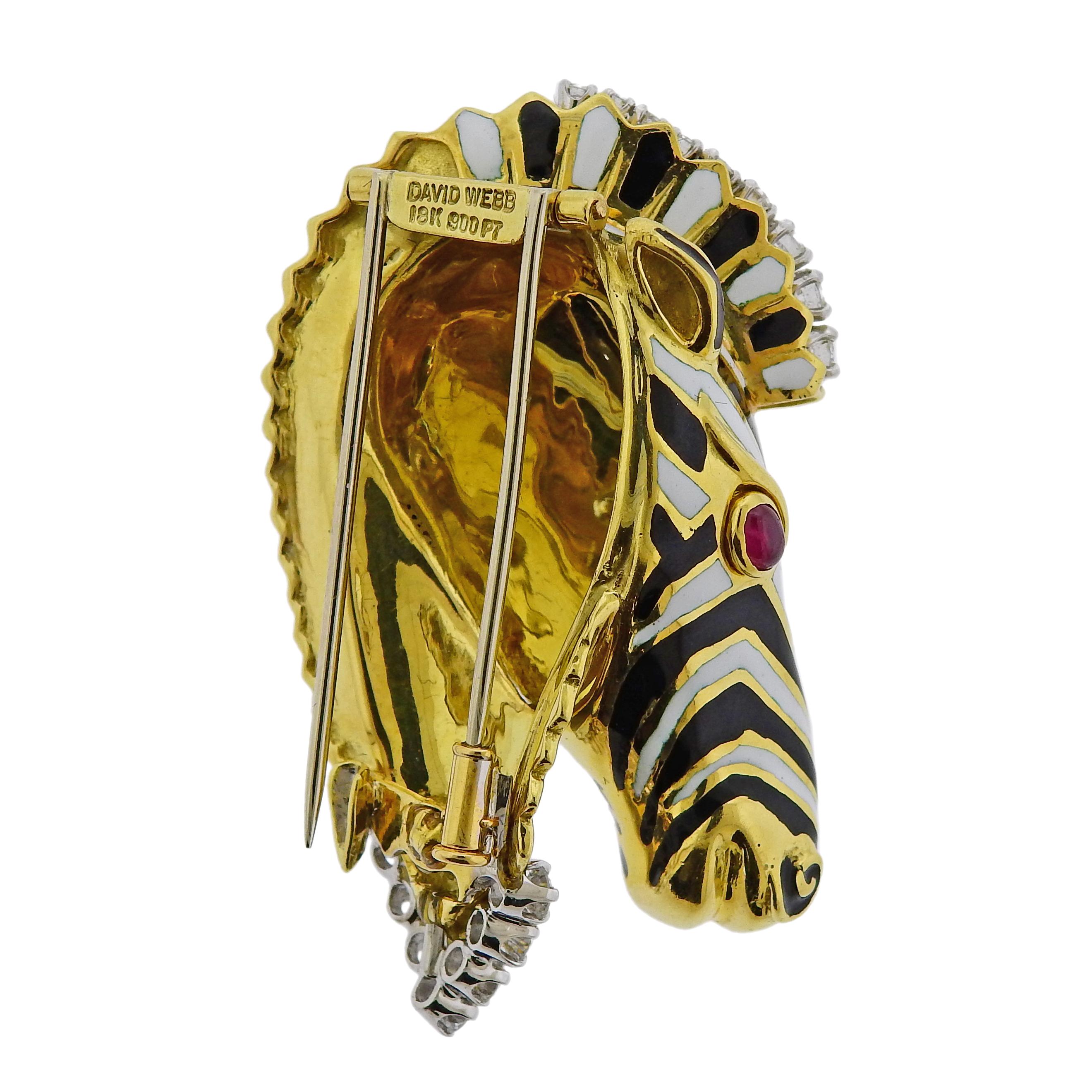 Men's David Webb Ruby Diamond Enamel Gold Zebra Brooch Pin