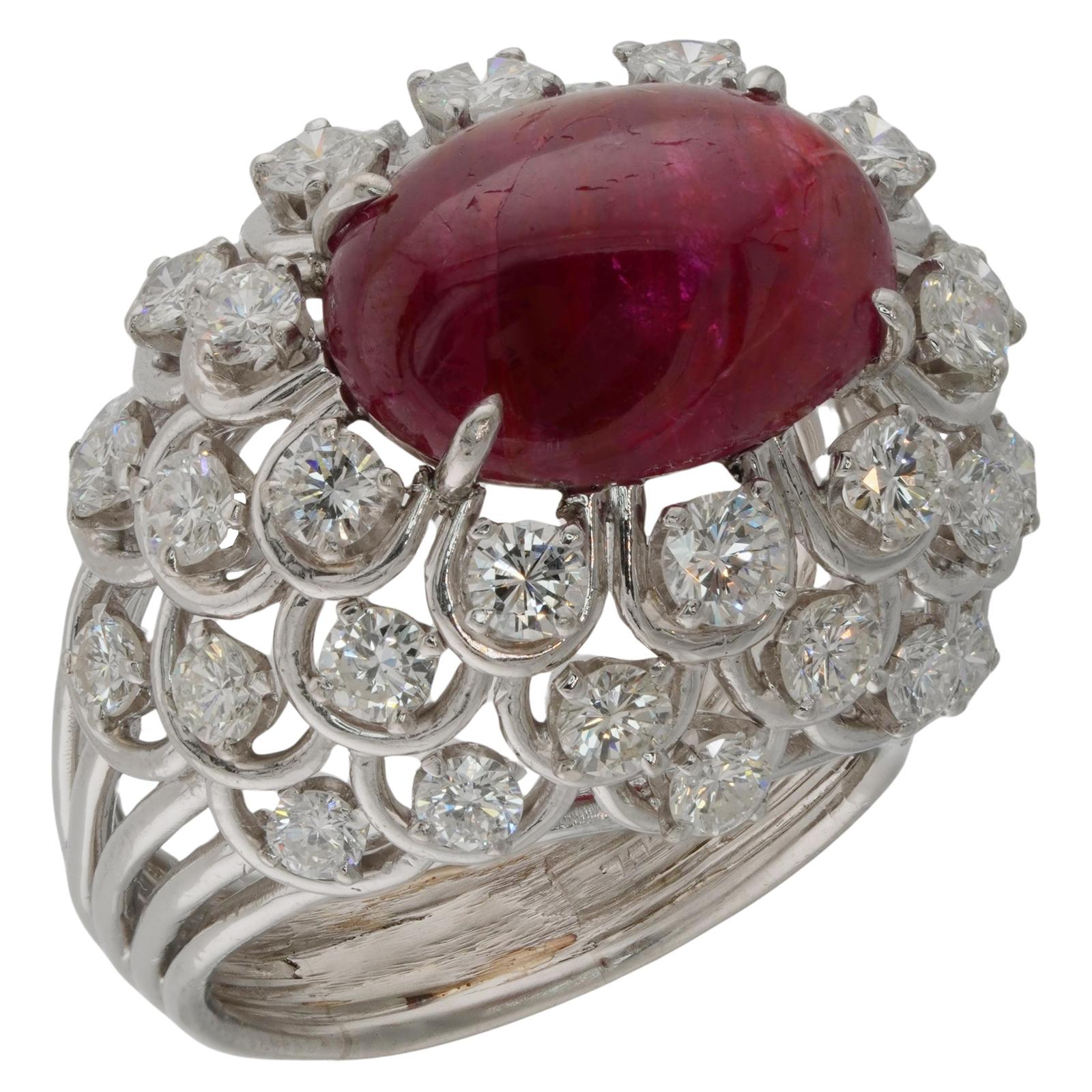 David Webb Ruby Diamond Platinum Dome Ring For Sale