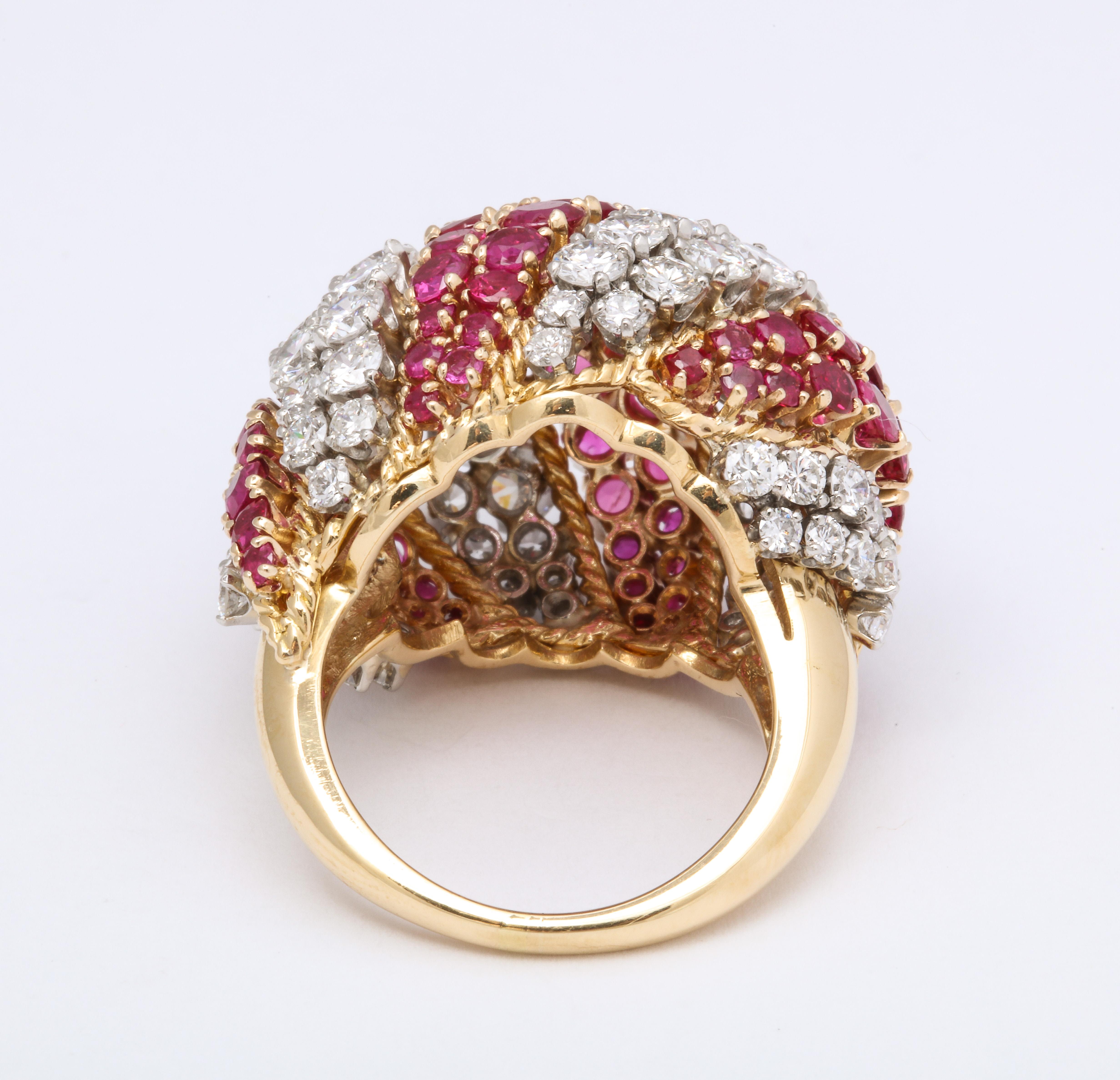 David Webb Ruby Diamond Yellow Gold Bombe Ring In Good Condition In New York, NY