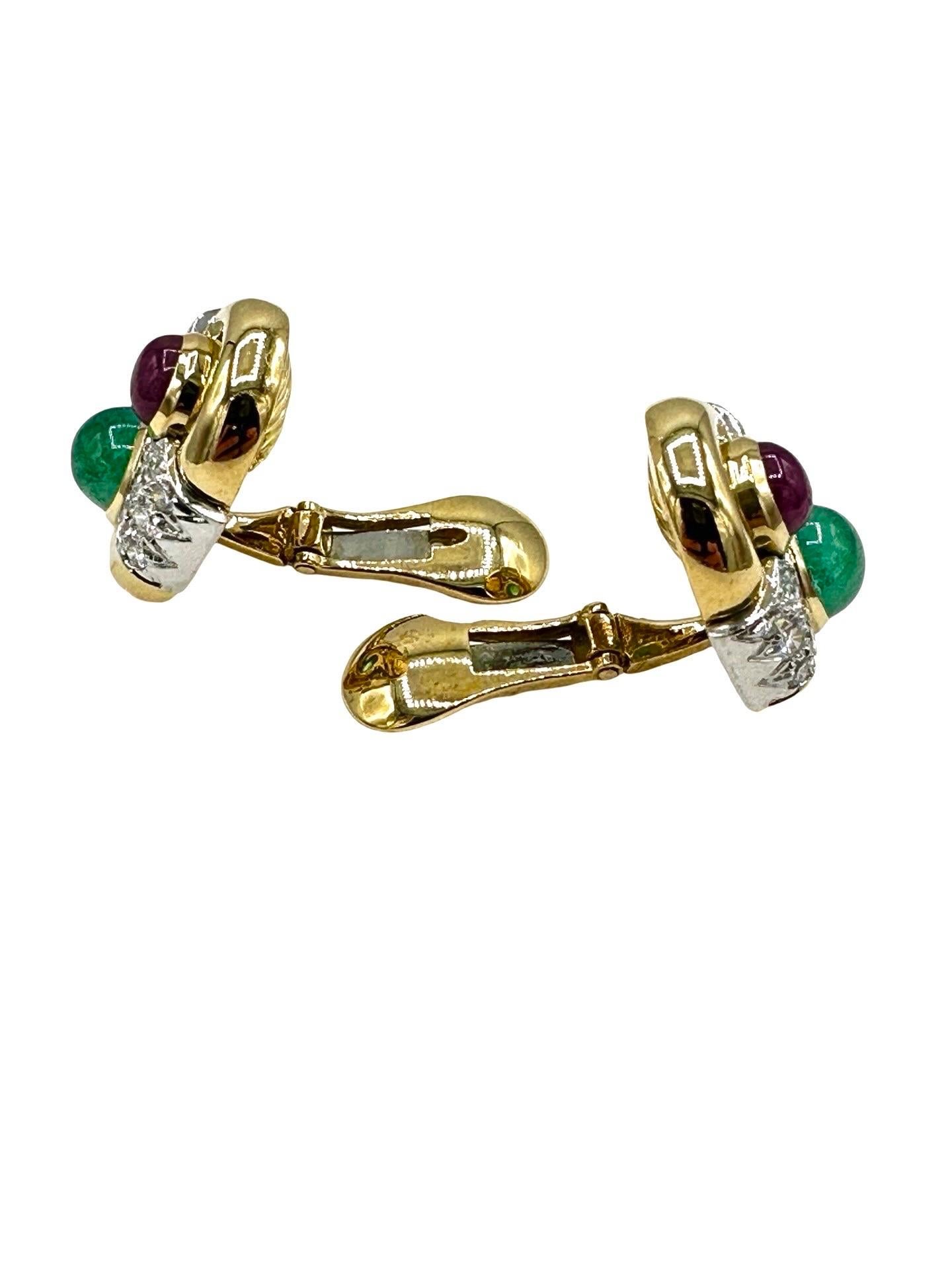 Retro David Webb Ruby Emerald and Diamond 18K Yellow Gold Earrings For Sale