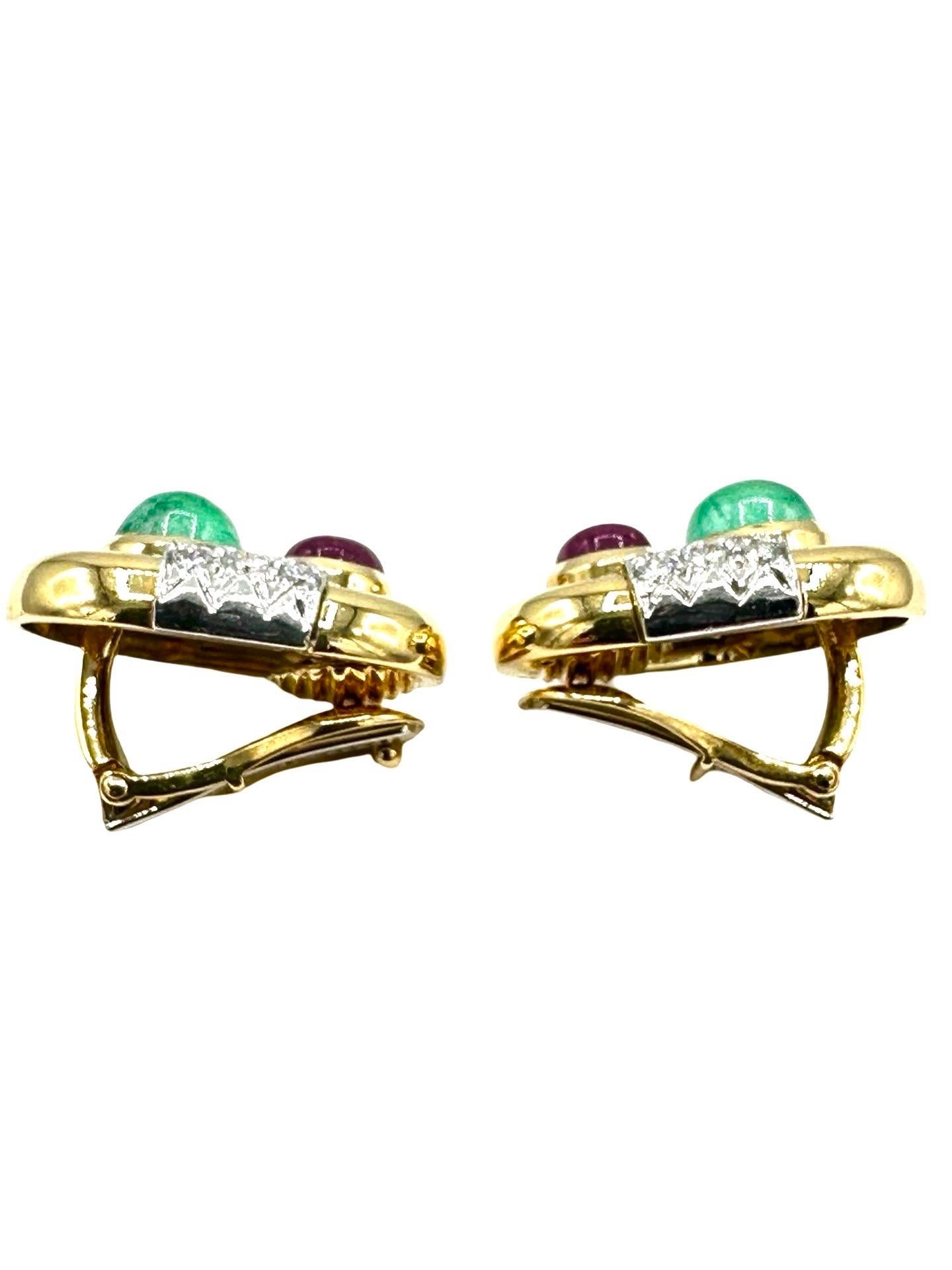 Cabochon David Webb Ruby Emerald and Diamond 18K Yellow Gold Earrings For Sale