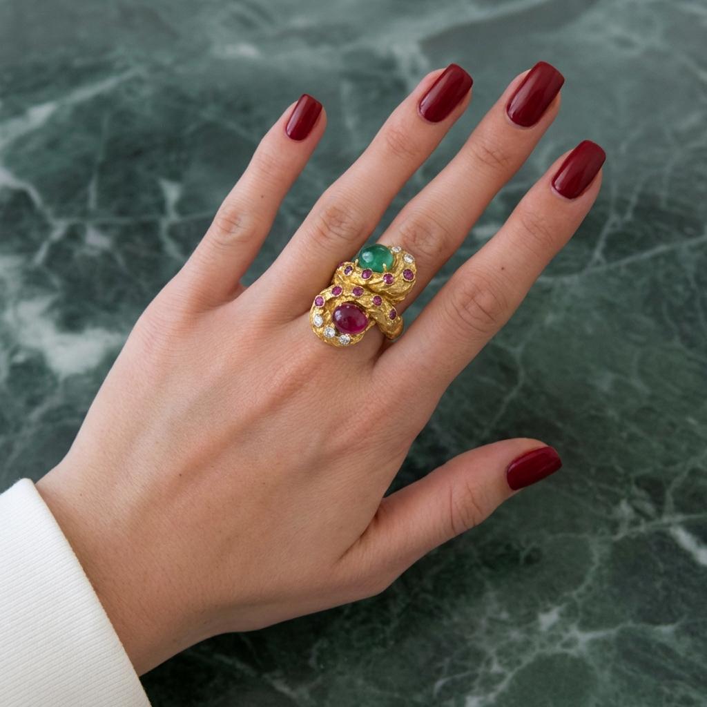 David Webb Ruby, Emerald And Diamond Ring In 18k … - image 3