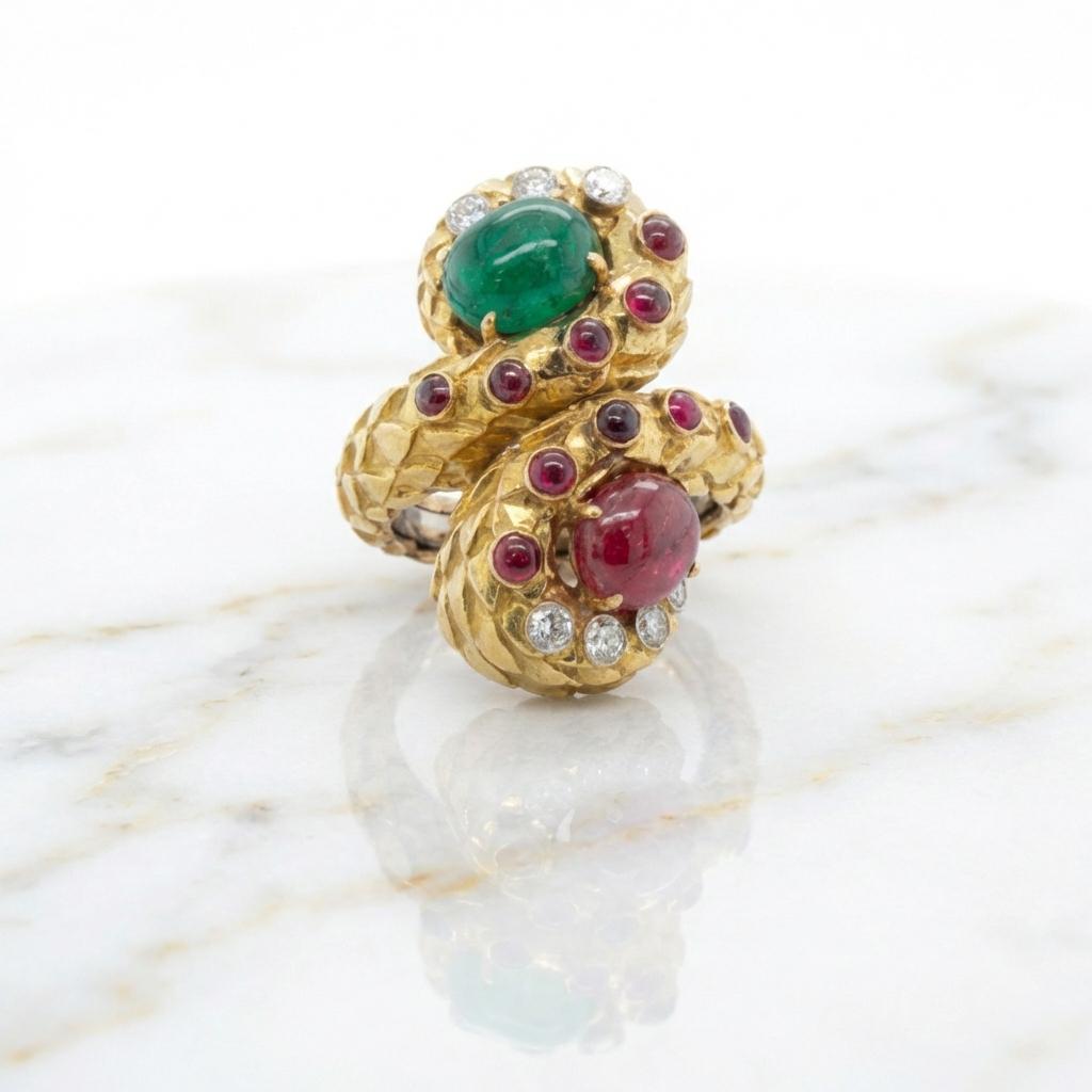 David Webb Ruby, Emerald And Diamond Ring In 18k … - image 4