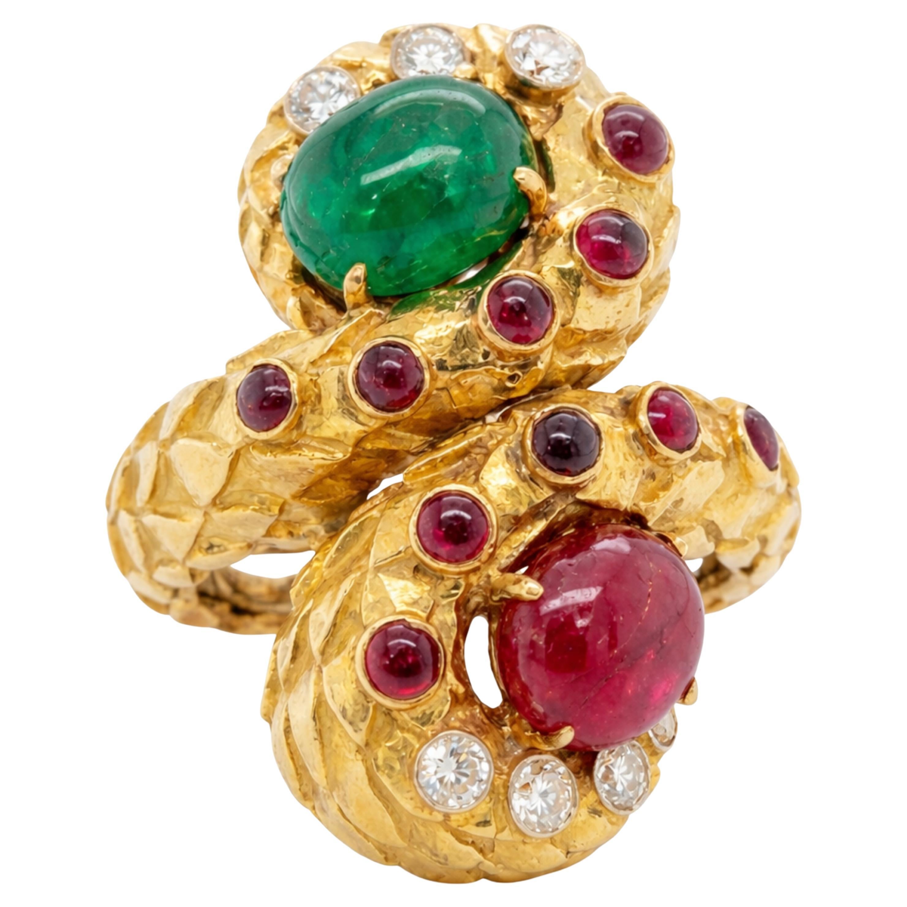 David Webb Ruby, Emerald And Diamond Ring In 18k … - image 1