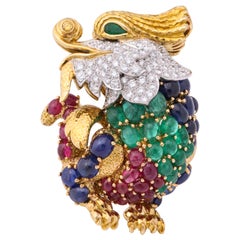 Vintage David Webb Ruby Emerald Sapphire Diamond Gold Dragon Pin