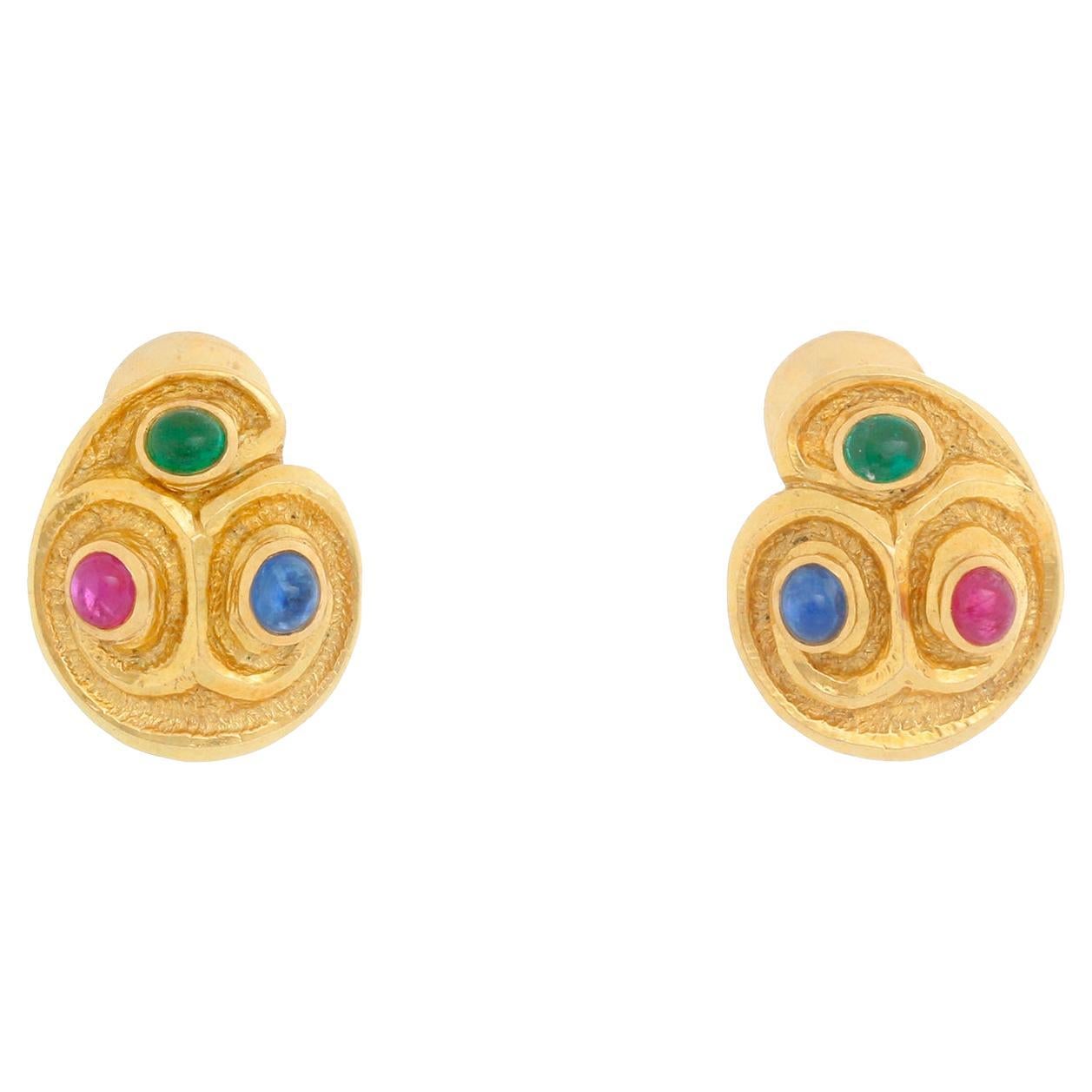 David Webb Ruby, Emerald, Sapphire, Gold Earrings