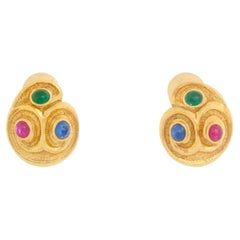 David Webb Ruby, Emerald, Sapphire, Gold Earrings