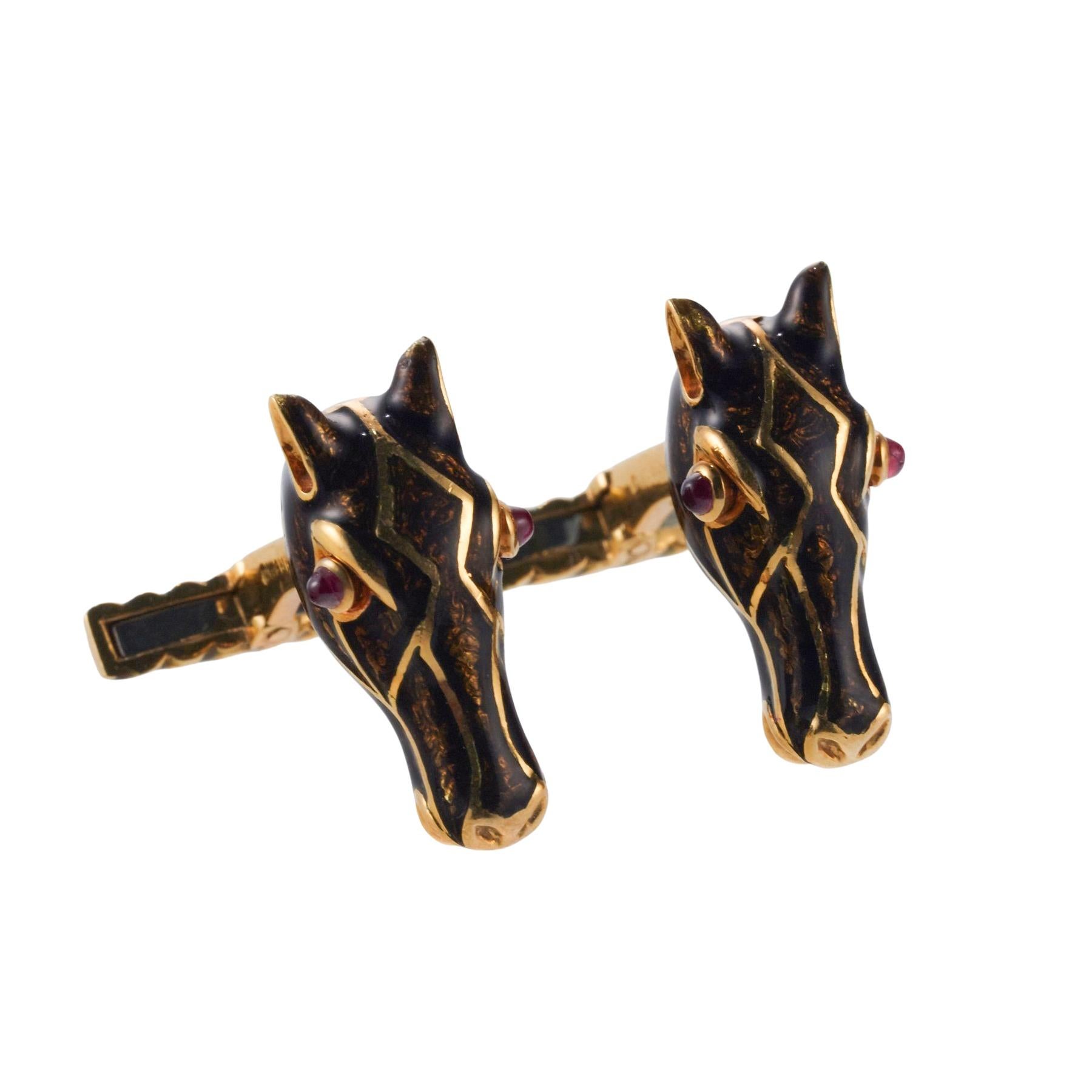 David Webb Ruby Enamel Gold Horse Head Cufflinks