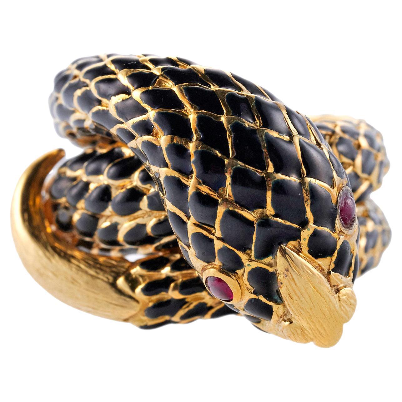David Webb Ruby Enamel Gold Snake Ring For Sale