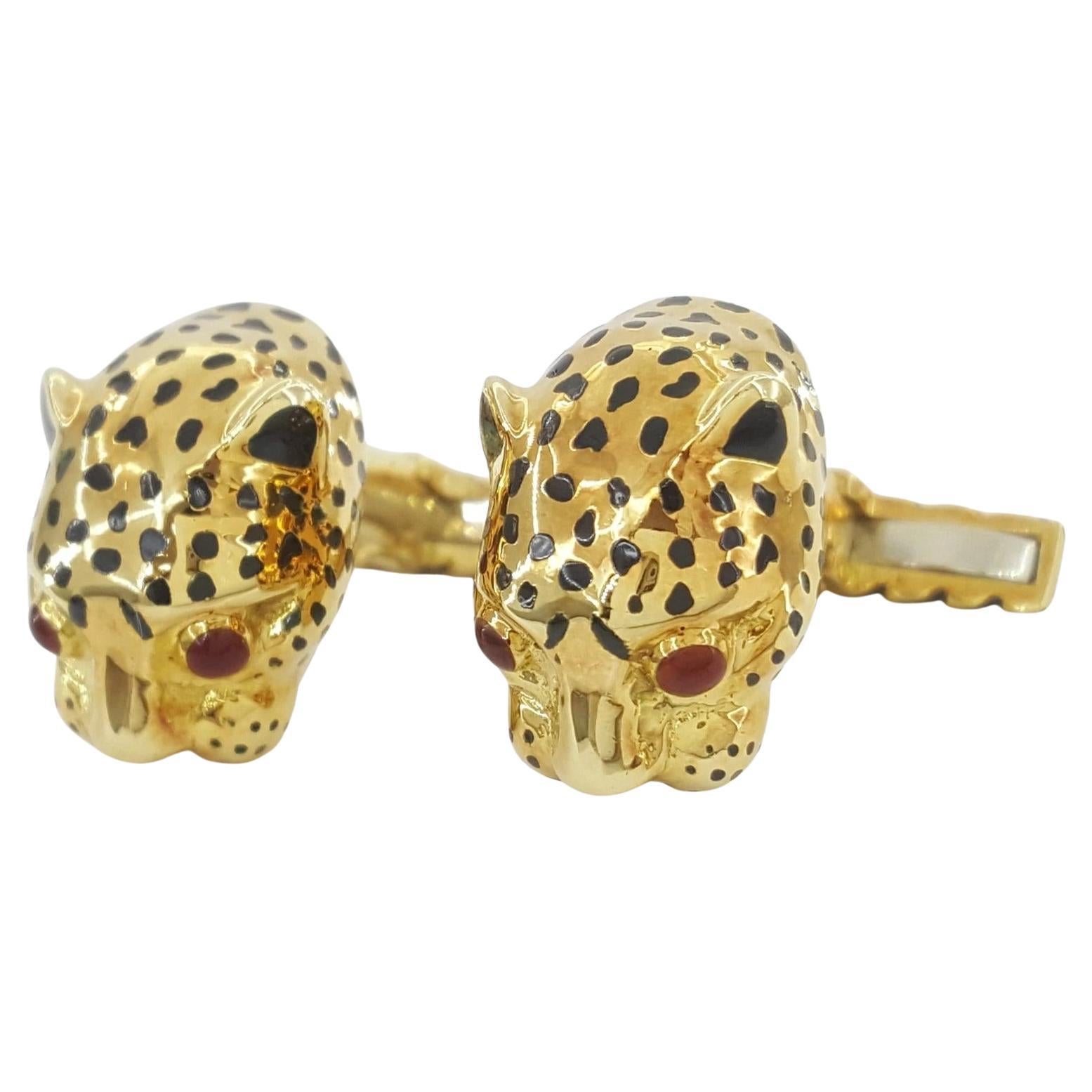 David Webb Ruby 
Enamel Leopard Cufflinks in 18K Yellow Gold 17.7 Grams